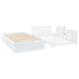 English Elm Twin Pinewood Daybed with Fence Guardrails Splits Into Two Floor Beds Storage White LP100881AAK