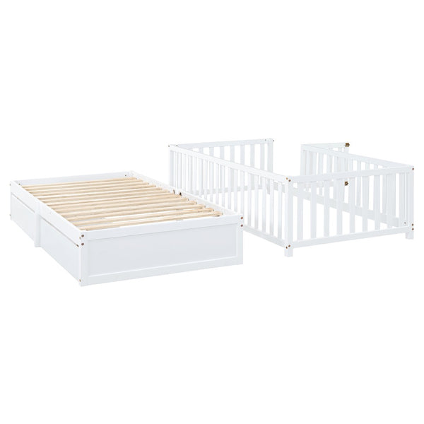 English Elm Twin Pinewood Daybed with Fence Guardrails Two Storage Drawers and Split Floor Bed White LP200881AAK