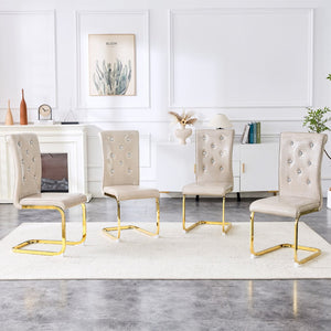 English Elm Luxury Pu Upholstered Dining Chair Set of 4 with Channel Stitching and Metal Legs Beige W1512P491872