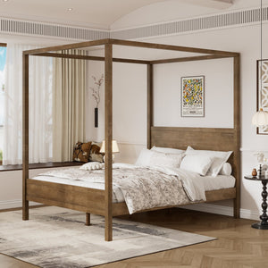 English Elm Christopher Knight Home® - Queen Solid Antique Oak Canopy Bed Frame with High-Density Slats, 800lb Support & 10" Storage Clearance N758Q877980N