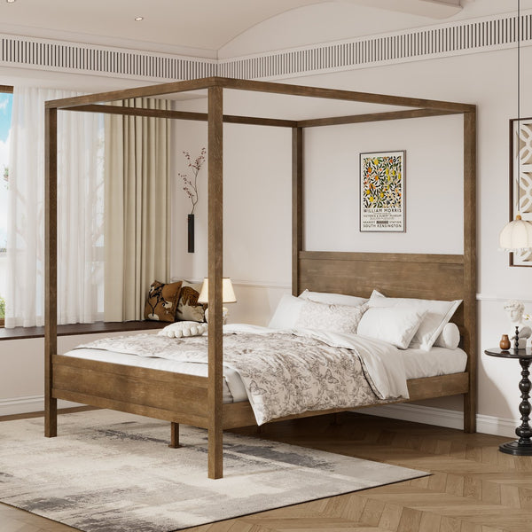 English Elm Christopher Knight Home® - Queen Solid Antique Oak Canopy Bed Frame with High-Density Slats, 800lb Support & 10" Storage Clearance N758Q877980N