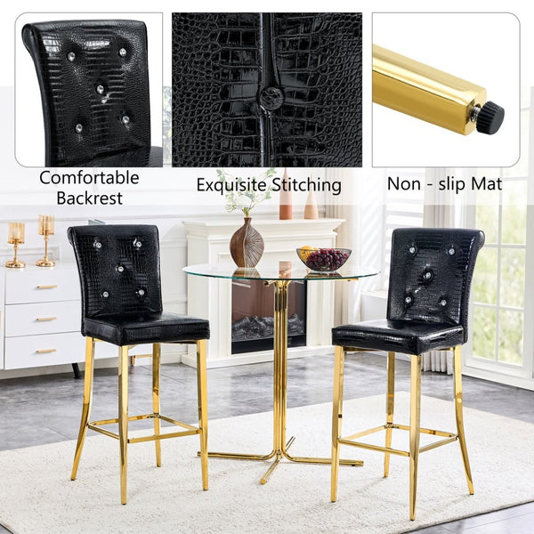 English Elm A Set of 2 Crocodile Embossed Pvc Barstools with Crystal Clasp Detail for Home Bars Black W3875P383116