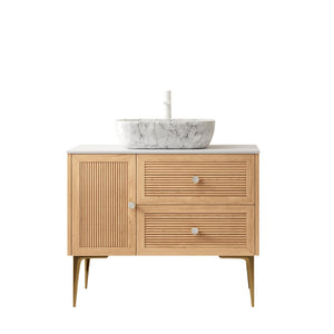 English Elm Dina Floating Bathroom Vanity Sintered Stone Top Glass Basin Striped Plywood Cabinet W2615S00468