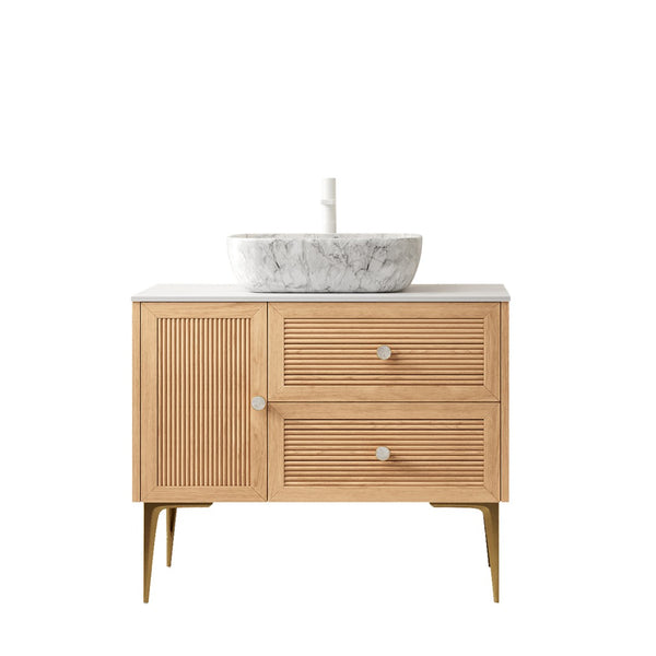 English Elm Dina Floating Bathroom Vanity Sintered Stone Top Glass Basin Striped Plywood Cabinet W2615S00468