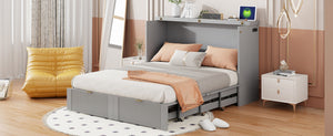 English Elm Full Size Wall Murphy Bed Cabinet with Usb Ports Drawer and Pulley Lift Gray Finish LP100770AAE