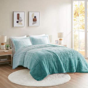 JLA Home Intelligent Design - Ombre Plush Shaggy Faux Fur Comforter Mini Set for Small Beds — Hypoallergenic, Dustproof, Machine Washable Aqua ID10-2151