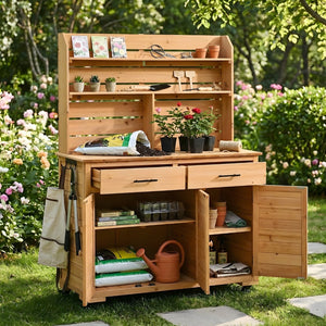 English Elm (assembly Video) Topmax Solid Fir Outdoor Potting Bench Grill Cart with Hutch Storage Natural Wood N717P404333A