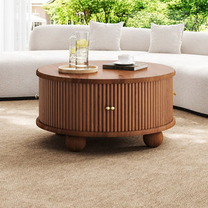 English Elm Round Fluted Pine Wood Coffee Table with Hidden Sliding Door Storage for Living Room Walnut N735P369879D