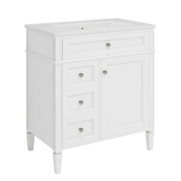 English Elm 30'' Modern Bathroom Vanity with Integrated Mirror Cabinet, Ceramic Sink, 3 Drawers & Ample Storage White SW000126AAK-1