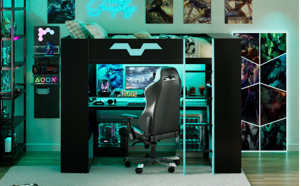 English Elm Full Size Gaming Loft Bed with Rgb Lighting Built-in Desk and Usb Charging Ports Blue LT000275AAC