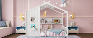 English Elm Twin House Floor Bed for Kids Montessori Playhouse with Roof, Built-In Shelf, Sturdy Pine Frame, Safeologna White 78.6 L x 16.6 W x 6.85 H N733P335064K