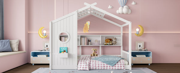 English Elm Twin House Floor Bed for Kids Montessori Playhouse with Roof, Built-In Shelf, Sturdy Pine Frame, Safeologna White 78.6 L x 16.6 W x 6.85 H N733P335064K