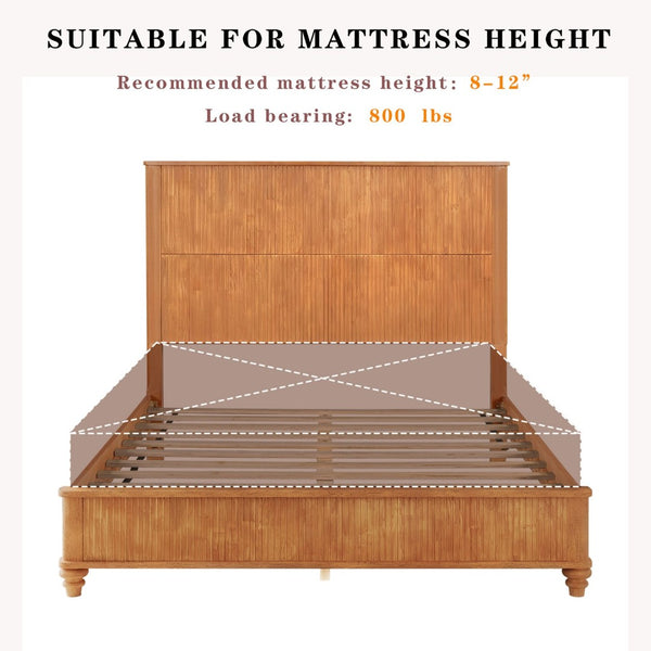 English Elm Solid Rubberwood Queen Platform Bed Tall Headboard Vertical Grain No Box Spring Natural W5819S00004