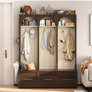 English Elm Farmhouse Hall Tree with Arched Panels Bench Drawers and Hooks for Mudroom Entryway Walnut W5271S00006