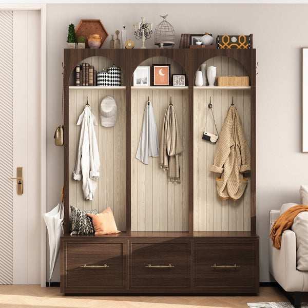 English Elm Farmhouse Hall Tree with Arched Panels Bench Drawers and Hooks for Mudroom Entryway Walnut W5271S00006