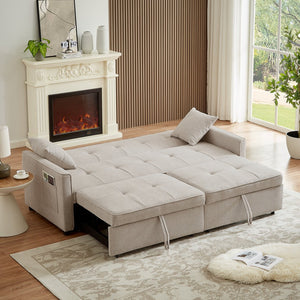 English Elm 3 Convertible Sleeper Sofa Bed with Pull-Out Chaise, Storage Armrests & Pockets, Compact Loveseat Couch Beige W2318P265839