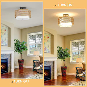 English Elm 3-Light Boho Rattan Semi-Flush Ceiling Lamp, Handwoven Drum Shade, Dimmable E26 Trio for Bedroom Dining Hallway W2738P185423