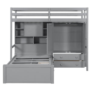English Elm Twin Bunk Bed with Wardrobe Drawers Hydraulic Lift Shelves Kids Storage Gray LT000666AAE-1