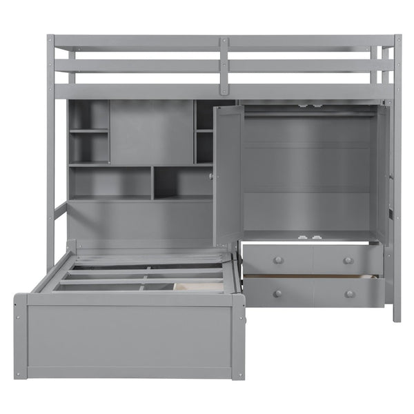 English Elm Twin Bunk Bed with Wardrobe Drawers Hydraulic Lift Shelves Kids Storage Gray LT000666AAE-1
