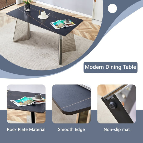 English Elm 63"x31.5x30" Marble Slab Rectangular Dining Table with Sculptural Butterfly Stainless Legs Black,Silver W1151S04576