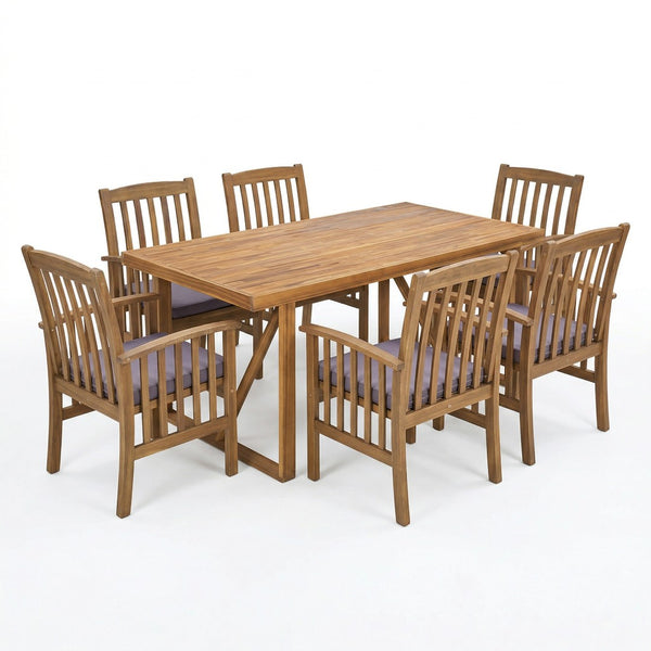 English Elm 7 Piece Solid Acacia Wood Outdoor Dining Set Six Chairs Slatted Table Patio Ready Dark Grey,Teak N762S000037AAE