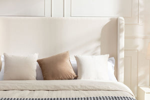 English Elm Harper Wingback King Bed Ivory Boucle Upholstery Walnut Legs Elegant Master Bedroom B191P458351