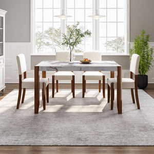 English Elm 5-Piece Modern Dining Set with 46.5" Faux Marble Table & 4 Upholstered Rubberwood Chairs, Space-Saving Elegance for Kitchen and Dining SQ000885AAK
