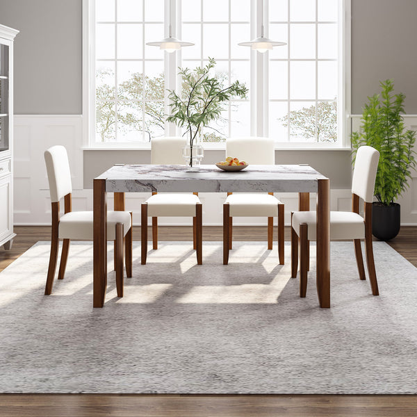 English Elm 5-Piece Modern Dining Set with 46.5" Faux Marble Table & 4 Upholstered Rubberwood Chairs, Space-Saving Elegance for Kitchen and Dining SQ000885AAK