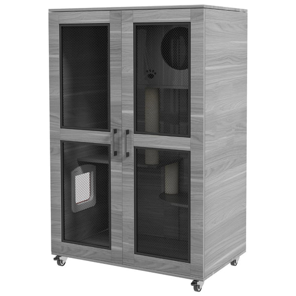 English Elm Pawhut Indoor Cat Enclosure Catio Villa with Scratching Posts Oak Furniture Style W2225P229157