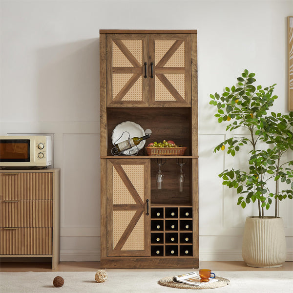 English Elm 76-Inch Rustic Oak Wine Cabinet with 12 Compartments, 3D Faux Rattan Doors, Glass Holders & Shelves W2702P183964