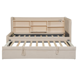 English Elm Twin Upholstered Daybed with Pull-Up Trundle, Velvet High Back with Shelves, Flip Storage & USB Beige SF000194AAA