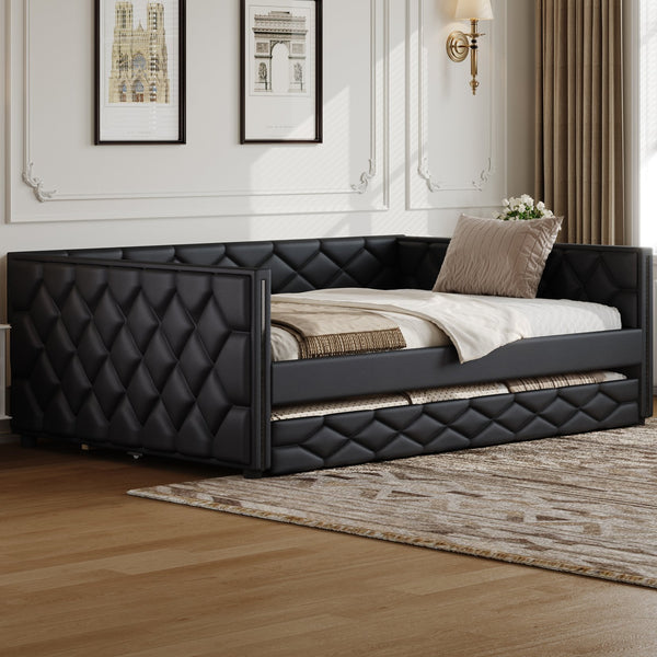 English Elm Full XL Upholstered Daybed with Trundle and Built-In LED Lighting, Tufted Arms, Solid Wood Frame Black N7090000611B