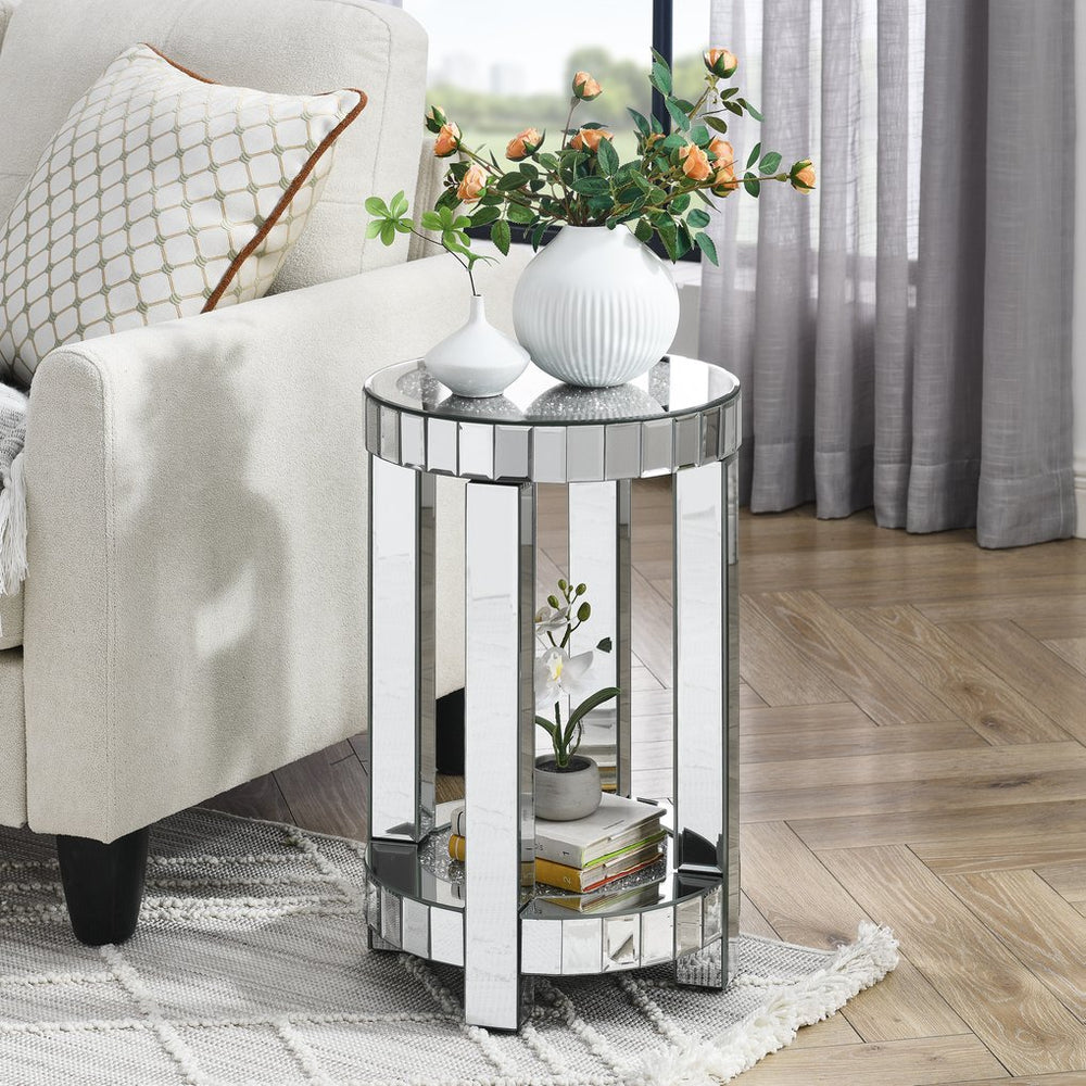 English Elm Mirror round coffee table with crystal inlay, 2-tier modern mirrored sofa side table with storage elegance and shine W1005P189336