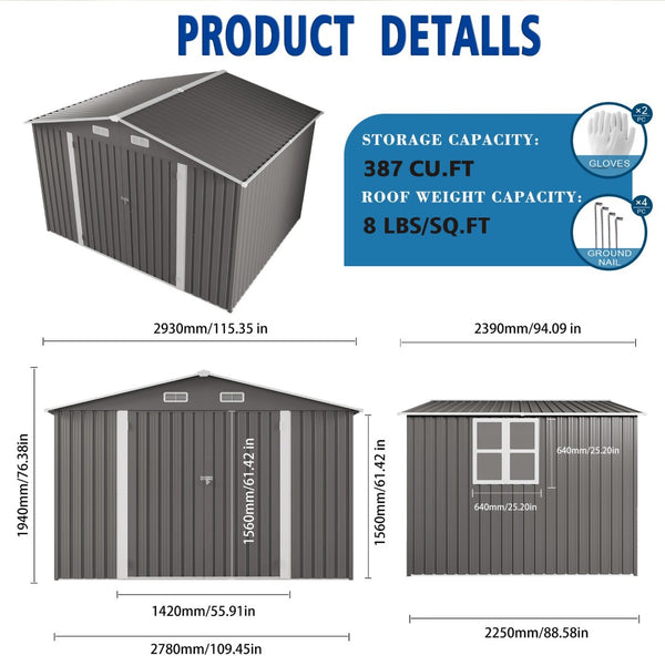 English Elm 10 X 8 Ft Galvanized Steel Outdoor Shed with Lockable Doors and Vented Window W3213S00003