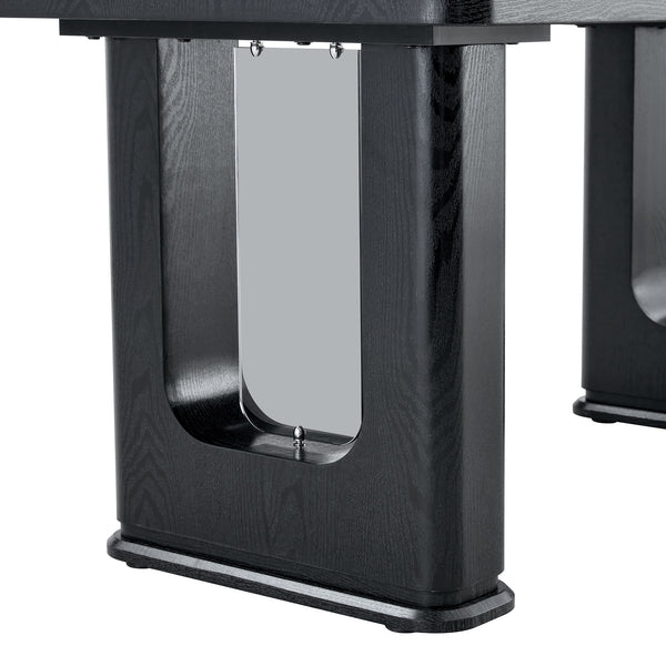 English Elm 64.5 Inch Black Wood Grain Textured Dining Table with Gray Glass Inlay, Robust 1.7" MDF Top, Sleek Design W1151S04297