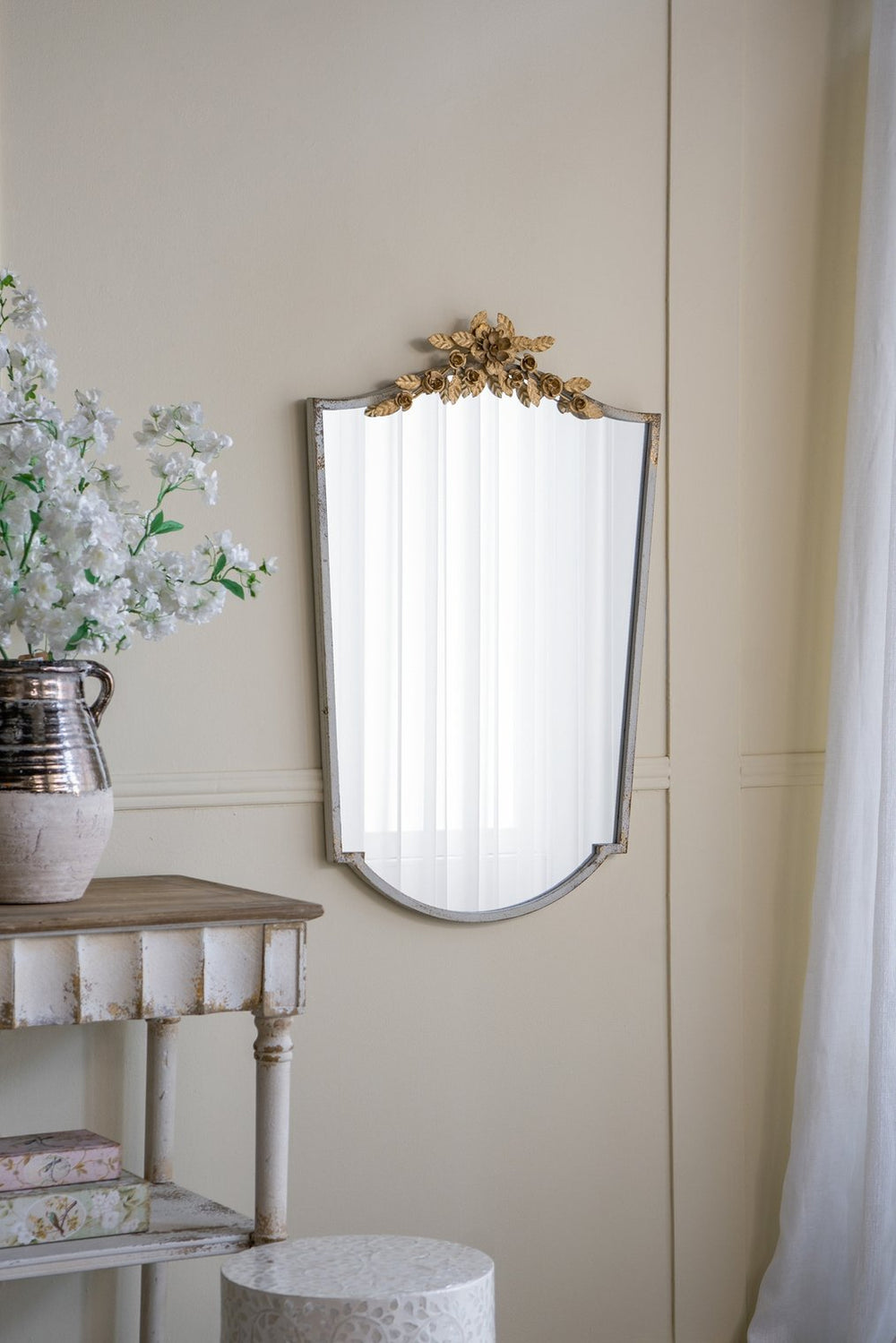 English Elm 24x1.6x37.4" Vintage-Inspired Arched Wall Mirror with Distressed Ivory Frame and Ornate Gold Floral Crest, Elegant Accent for Entryway W2078P296024