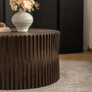 English Elm Vintage Cylindrical Nesting Coffee Table Set, Textured Embossed Wood Accent Tables for Living Room Dark Brown W757P195739