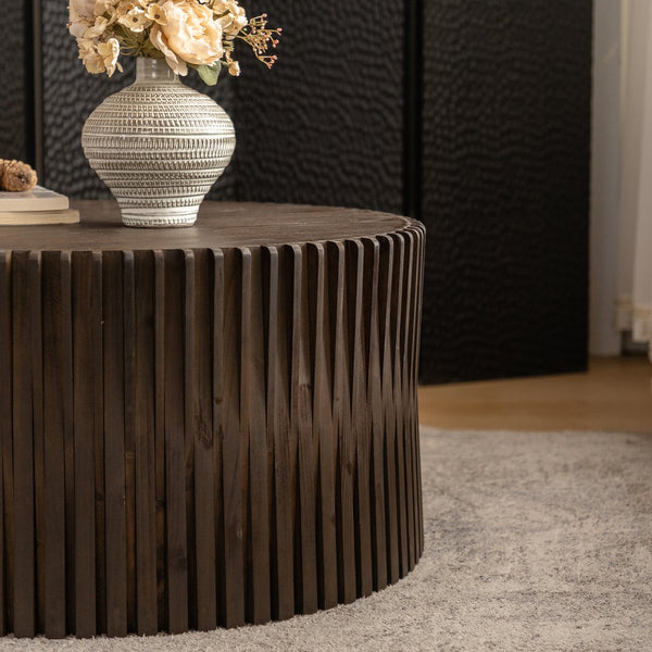 English Elm Vintage Cylindrical Nesting Coffee Table Set, Textured Embossed Wood Accent Tables for Living Room Dark Brown W757P195739