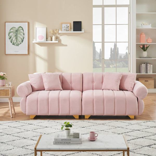English Elm 89-inch velvet 3-seater sofa with spring cushions, gold metal legs, washable pillowcases, 500lb capacity Pink W1658S00152