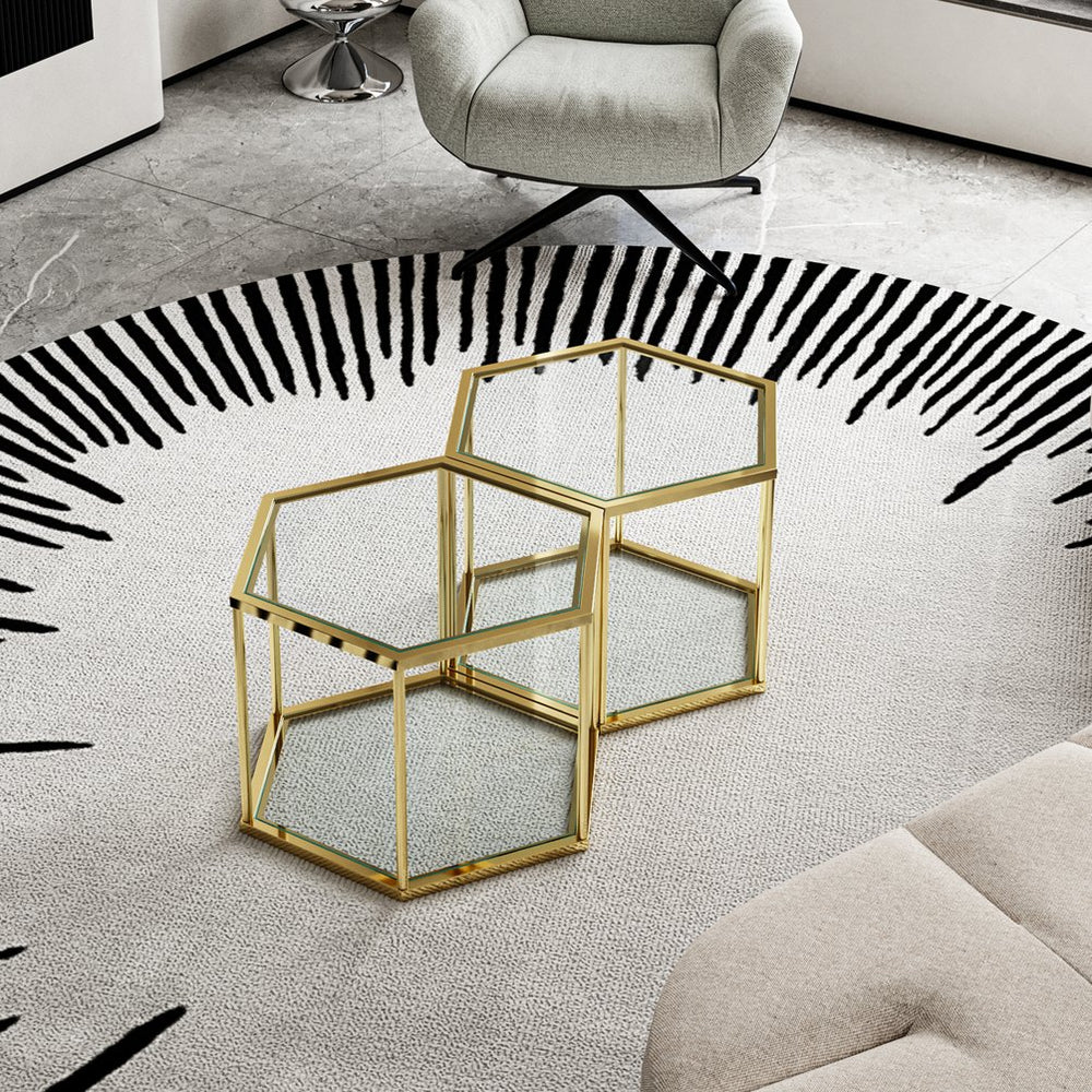 English Elm 1+1 Gold Stainless Steel Coffee Table with Double-Layer Tempered Glass, Polygonal Modern Accent Table W2723S00039