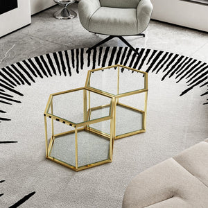 English Elm 1+1 Gold Stainless Steel Coffee Table with Double-Layer Tempered Glass, Polygonal Modern Accent Table W2723S00039