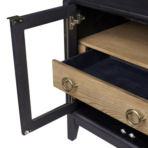 English Elm Glass Door Nightstand in Black Solid Wood & MDF with Tempered Glass Doors, Drawer, Sleek Finish B2699P237491