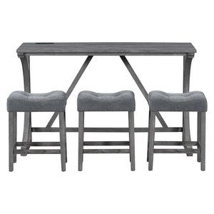 English Elm Bar Industrial Bar Table Set with Power Outlet and Upholstered Chairs, Space-Saving Dining Hub Gray W487P333507