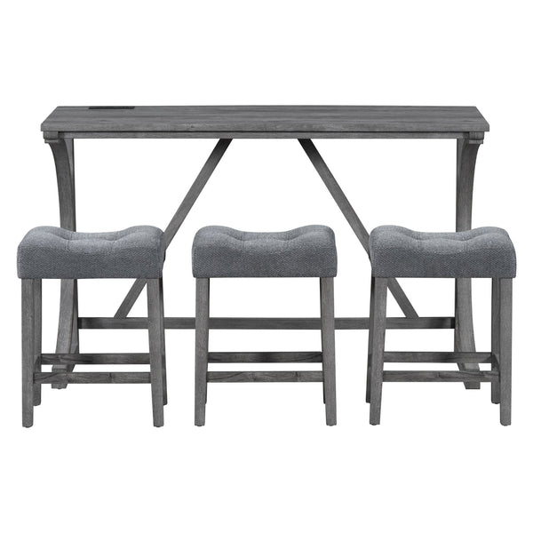 English Elm Bar Industrial Bar Table Set with Power Outlet and Upholstered Chairs, Space-Saving Dining Hub Gray W487P333507