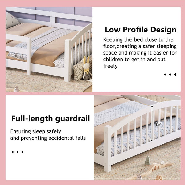 English Elm Twin Montessori Floor Bed Solid Pine Frame with Safety Guardrails for Kids Bedroom White N733P400298K