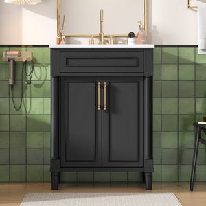 English Elm 24" Bathroom Vanity with Integrated Ceramic Sink and Adjustable Shelf, Vintage Hardware, Space-Saving Design Black N710P277711B