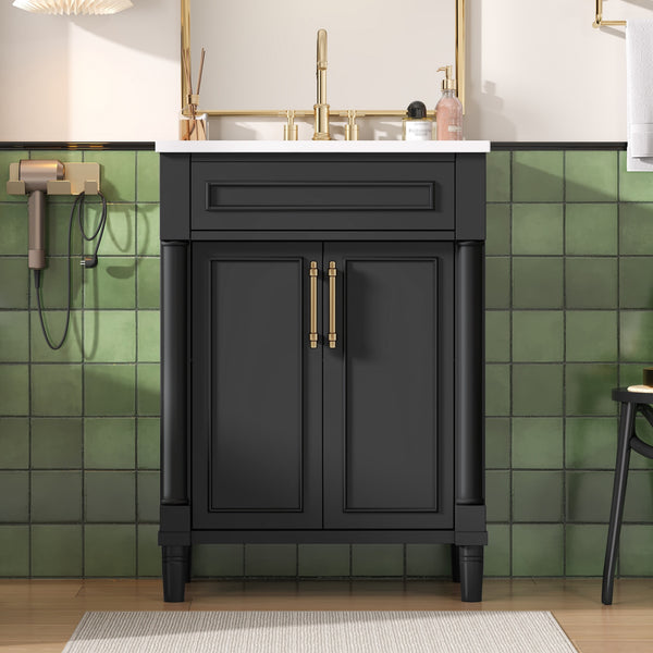 English Elm 24" Bathroom Vanity with Integrated Ceramic Sink and Adjustable Shelf, Vintage Hardware, Space-Saving Design Black N710P277711B