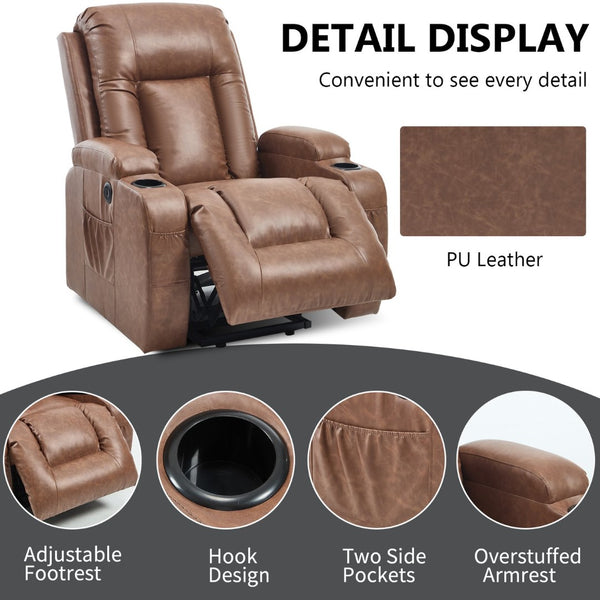 English Elm Beige Pu Leather Power Lift Recliner with Massage Lumbar Heat and Usb Charging Brown W1803S00083