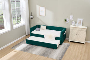 English Elm Emerald velvet daybed with diamond tufted pull-out trundle, modern sturdy frame, luxe guest bed for living spaces W1361S00033