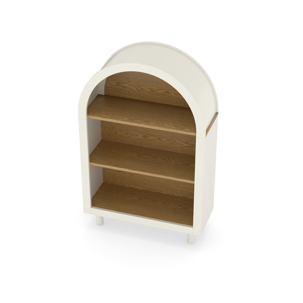 English Elm Arched White & Woodgrain Bookcase with 3 Shelves — Elegant Arched Top, Solid Wood Legs, Versatile Storage W2557P331018